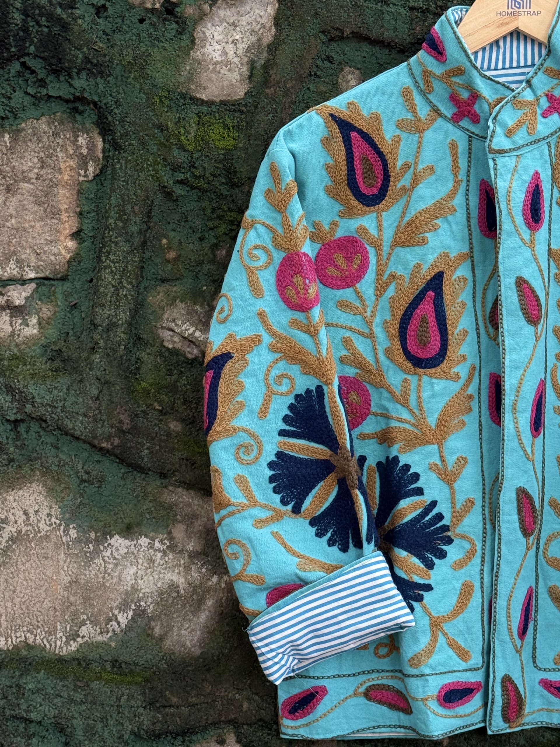 Womens Teal Blue Velvet Embroidered Jacket with Floral Design - Image 7