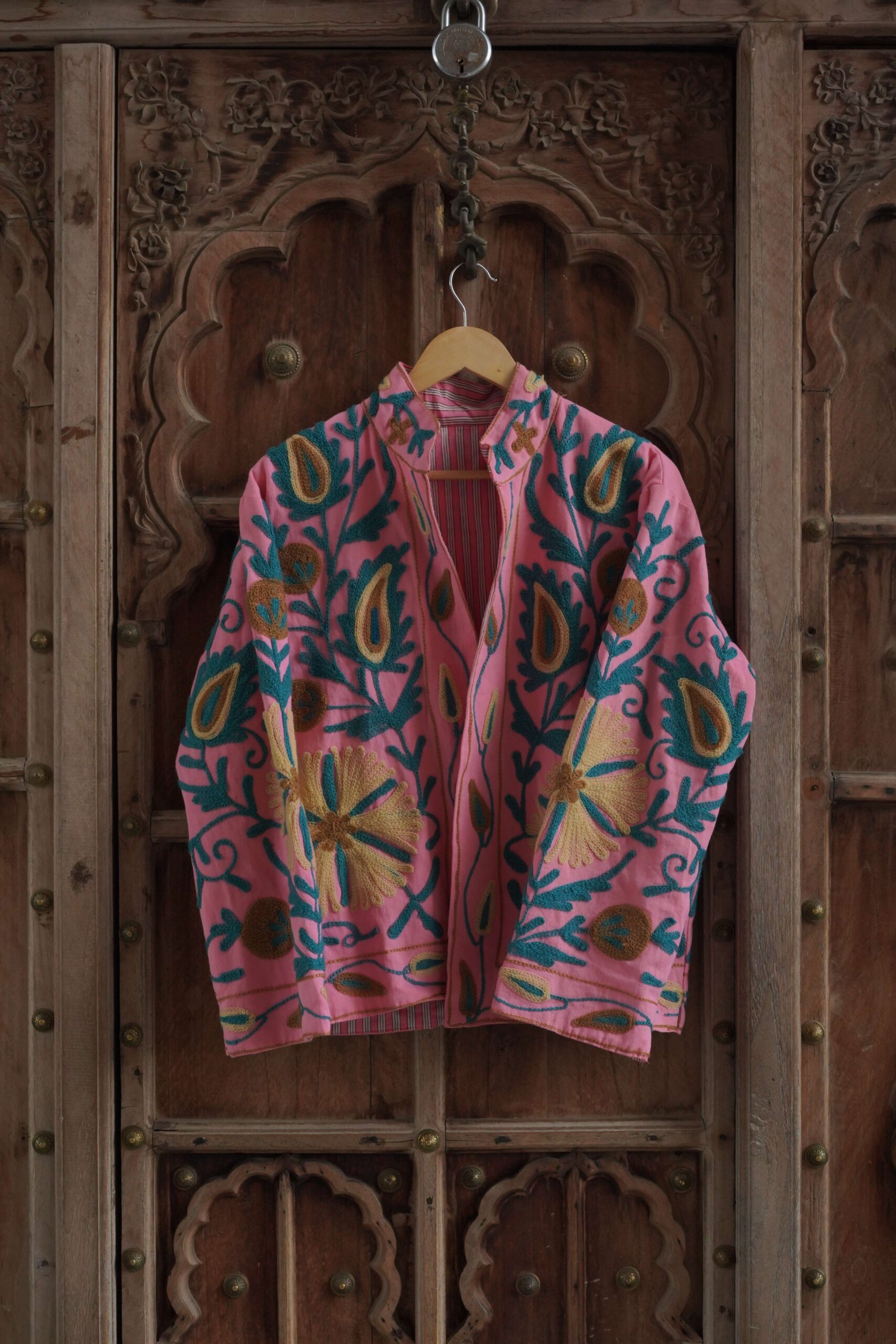 Womens Pink Velvet Embroidered Jacket with Floral Design - Image 7
